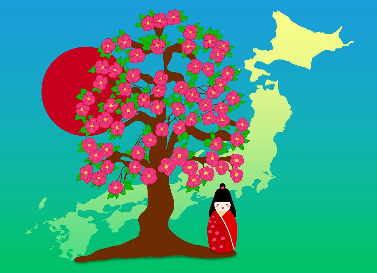 cherry blossoms, tree, japan map, kimono, doll, sun, flag, drawing, nature, design, japan